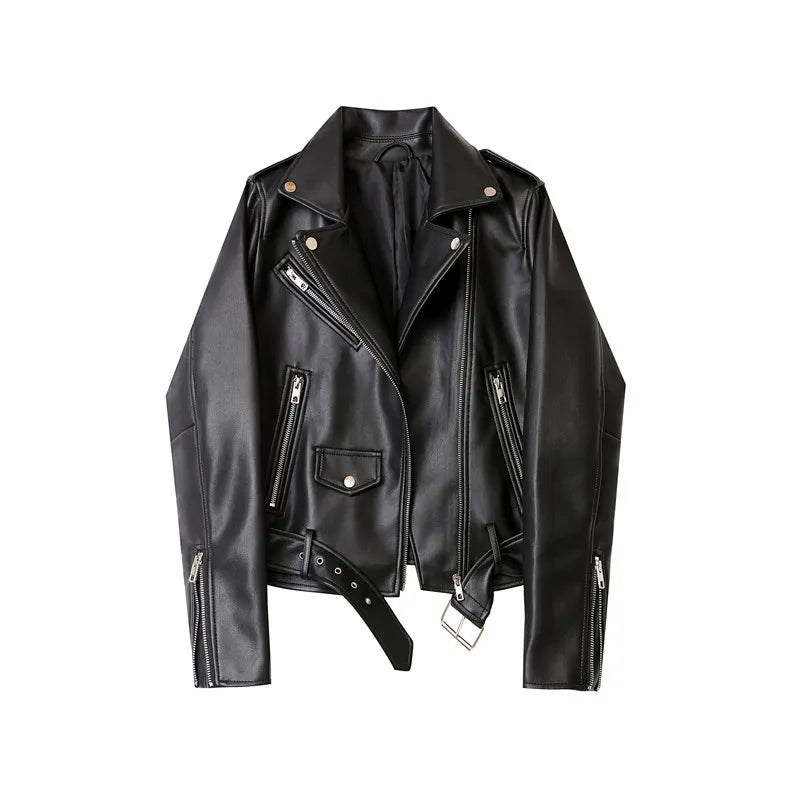 Women's Faux Leather Moto Jacket – Biker Style with Zipped Cuffs
