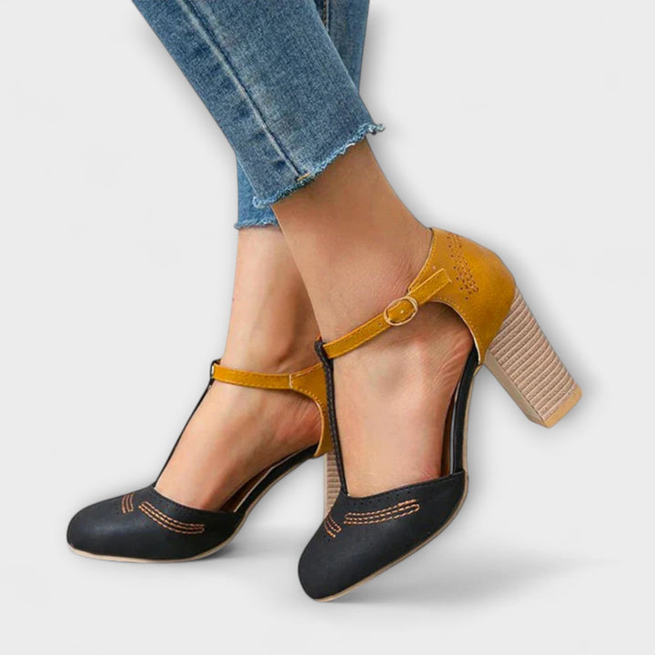 Women's Leather T-Strap Heels - Orthopedic Comfort
