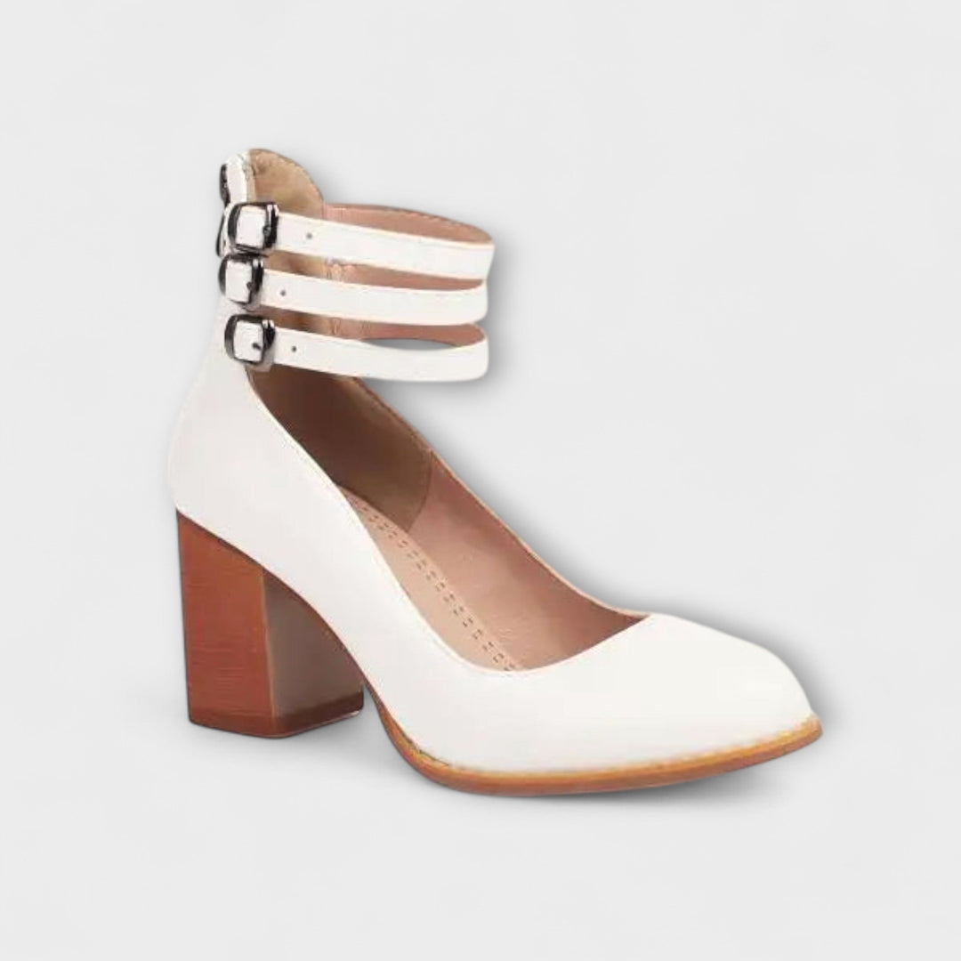Women's Leather Pumps with Ankle Strap - Elegant Block Heel