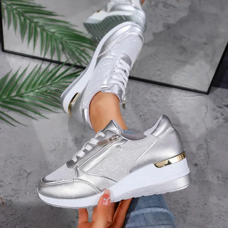 Women's Metallic Platform Sneakers - Sleek & Cushioned