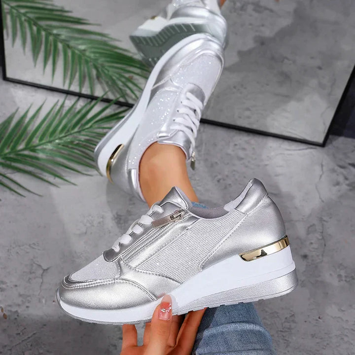 Women's Metallic Platform Sneakers - Sleek & Cushioned