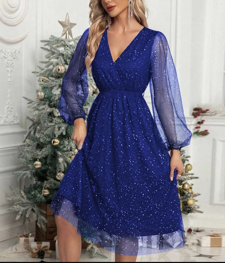 Women's Mesh-Sleeve V-Neck Evening Dress - Festive Elegance