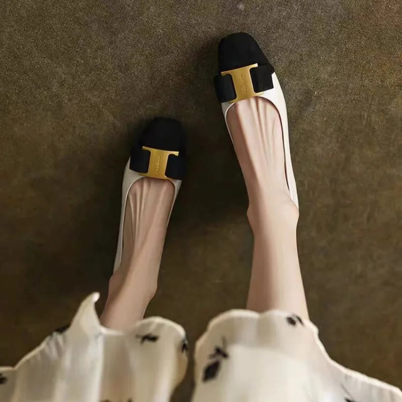 Women's Silk Flats with Square Buckle - Effortless Elegance