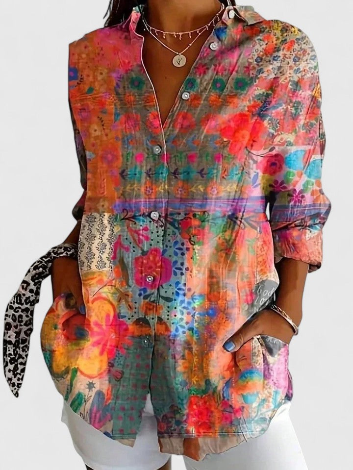 Women's Artistic Print Button-Up Blouse - Effortless Everyday