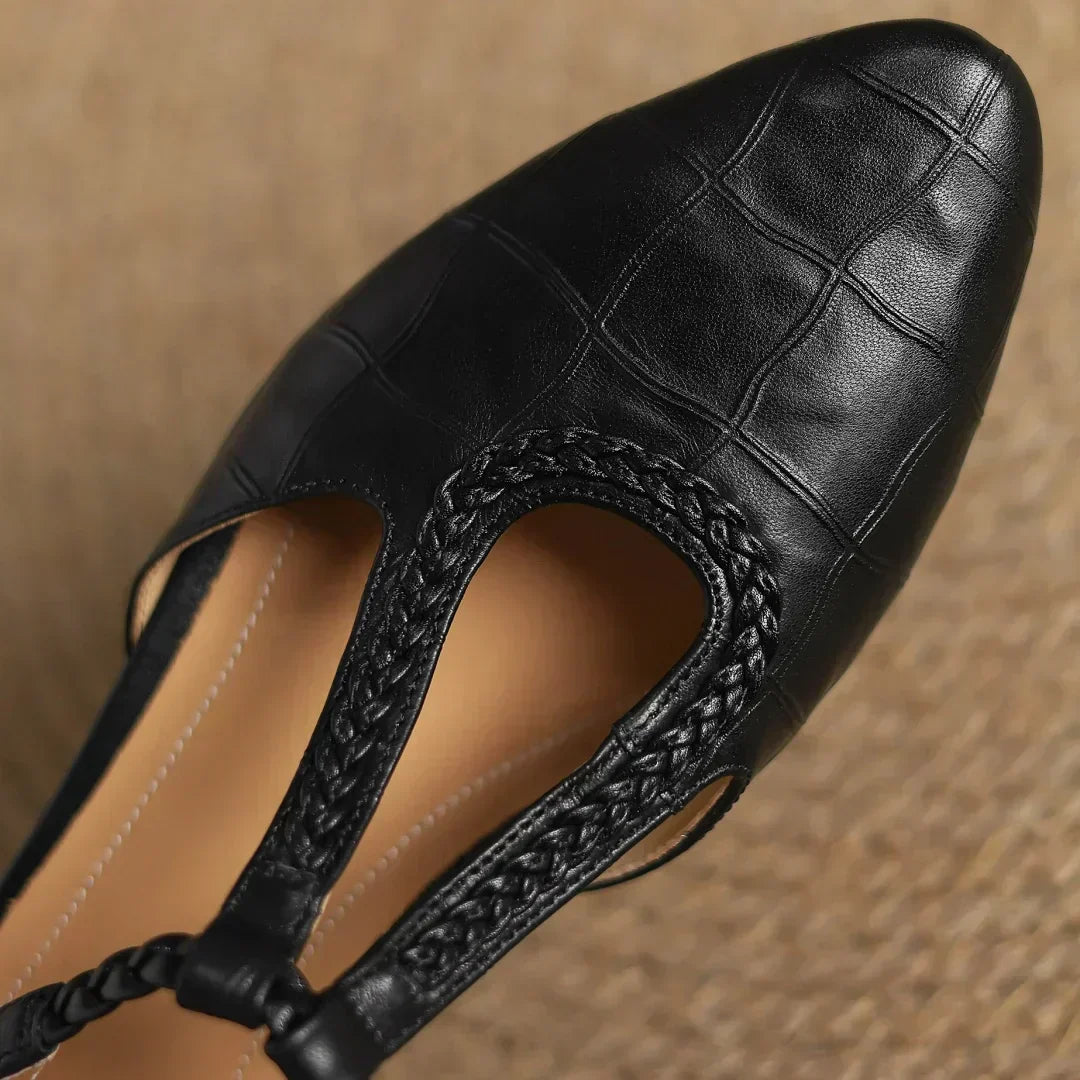 Women's Leather Braided T-Strap Sandals - Elegant Everyday Style