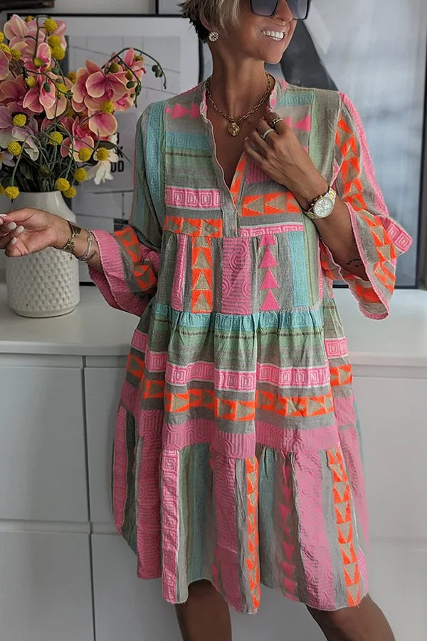 Women's Geometric Print Boho Tiered Swing Midi Dress - Wedding Guest