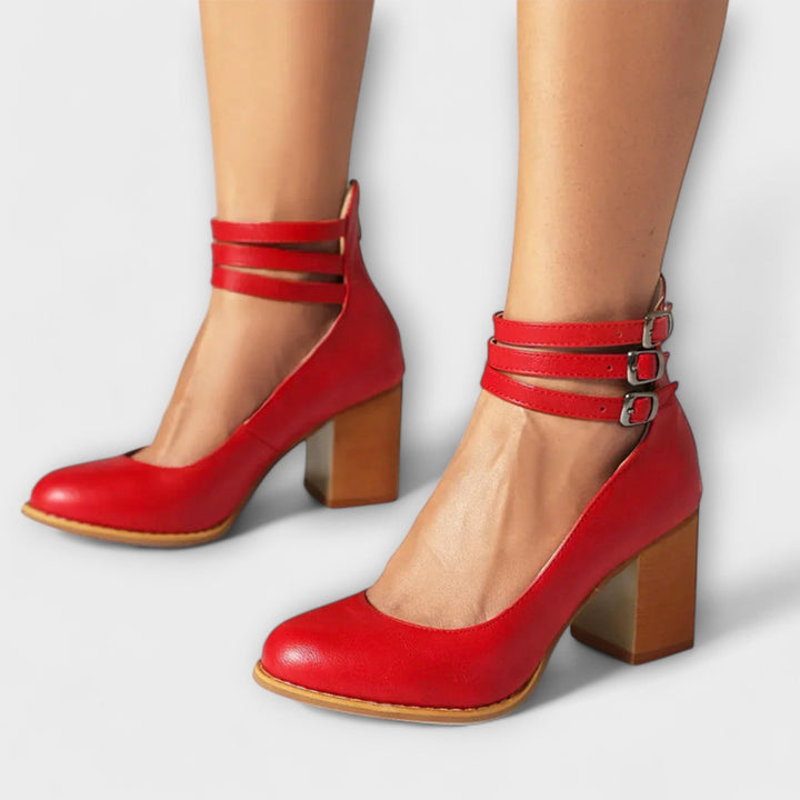 Women's Leather Pumps with Ankle Strap - Elegant Block Heel