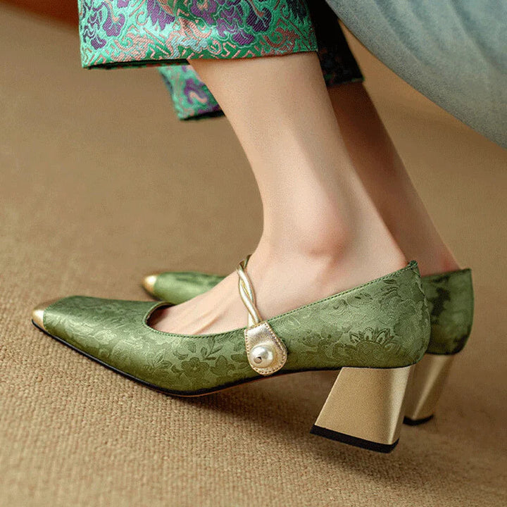 Women's Floral Embossed Square Toe Heels - Elegant Block Heel