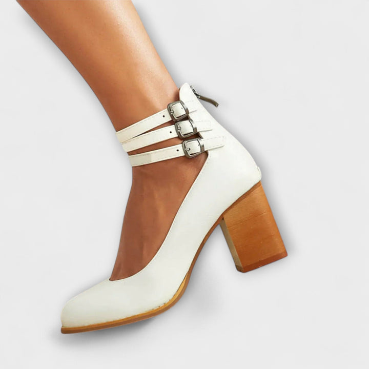 Women's Leather Pumps with Ankle Strap - Elegant Block Heel