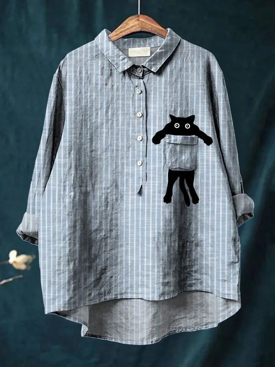 Women's Hailey Playful Pocket Cat Blouse - Everyday Charm
