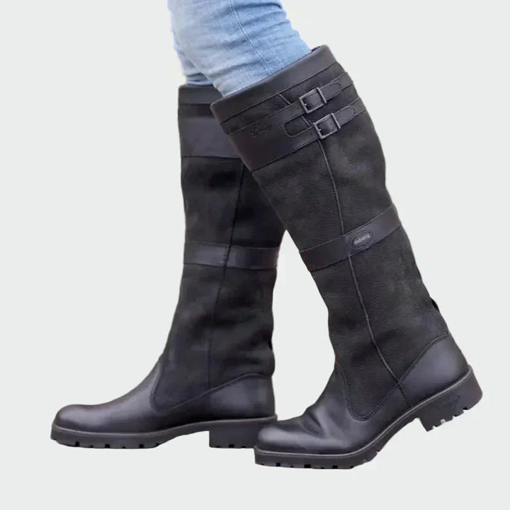 Women's Retro Leather Riding Boots - Classic Double Buckle Design
