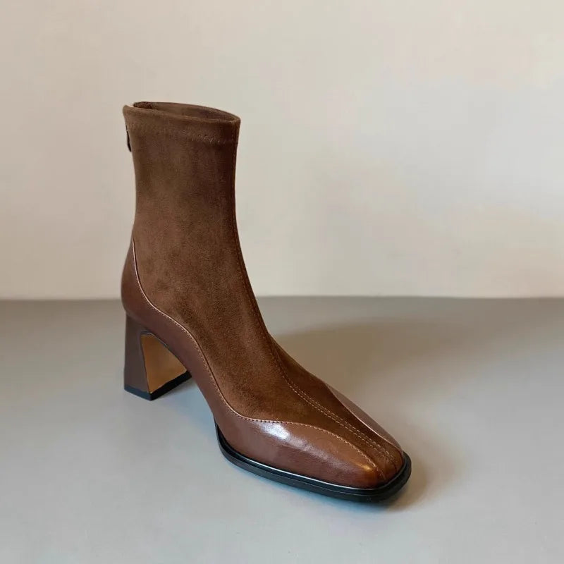 Women's Spliced Suede Boots - Structured Square Toe Block Heel