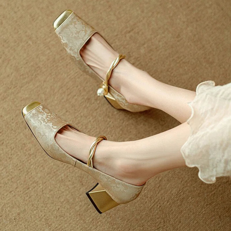Women's Floral Embossed Square Toe Heels - Elegant Block Heel