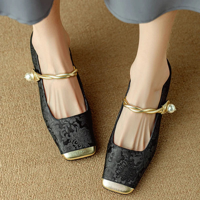 Women's Floral Embossed Square Toe Heels - Elegant Block Heel