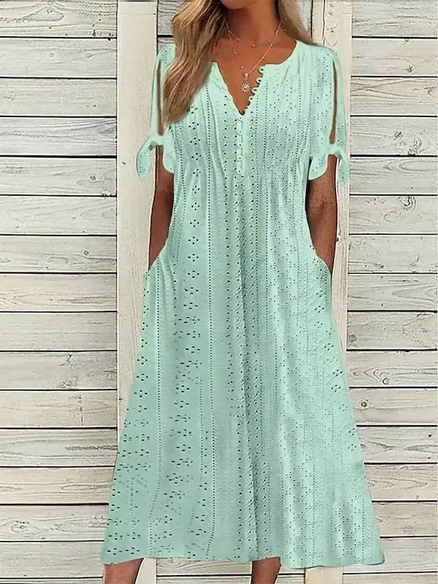 Women's Cotton Midi Dress with Draped Neckline - Effortless Elegance