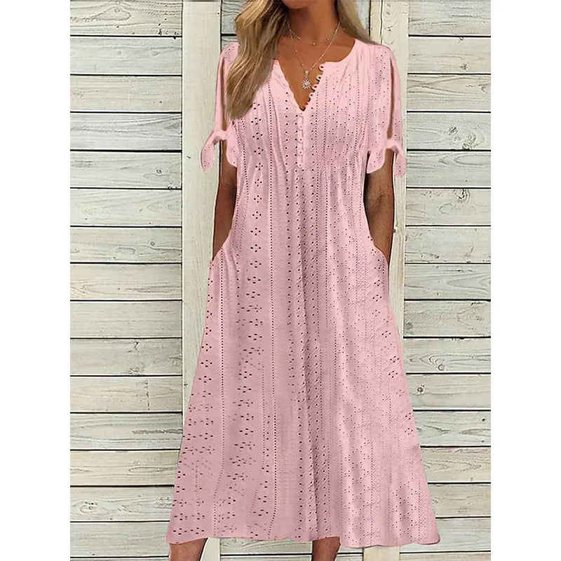 Women's Cotton Midi Dress with Draped Neckline - Effortless Elegance
