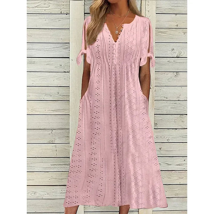 Women's Cotton Midi Dress with Draped Neckline - Effortless Elegance