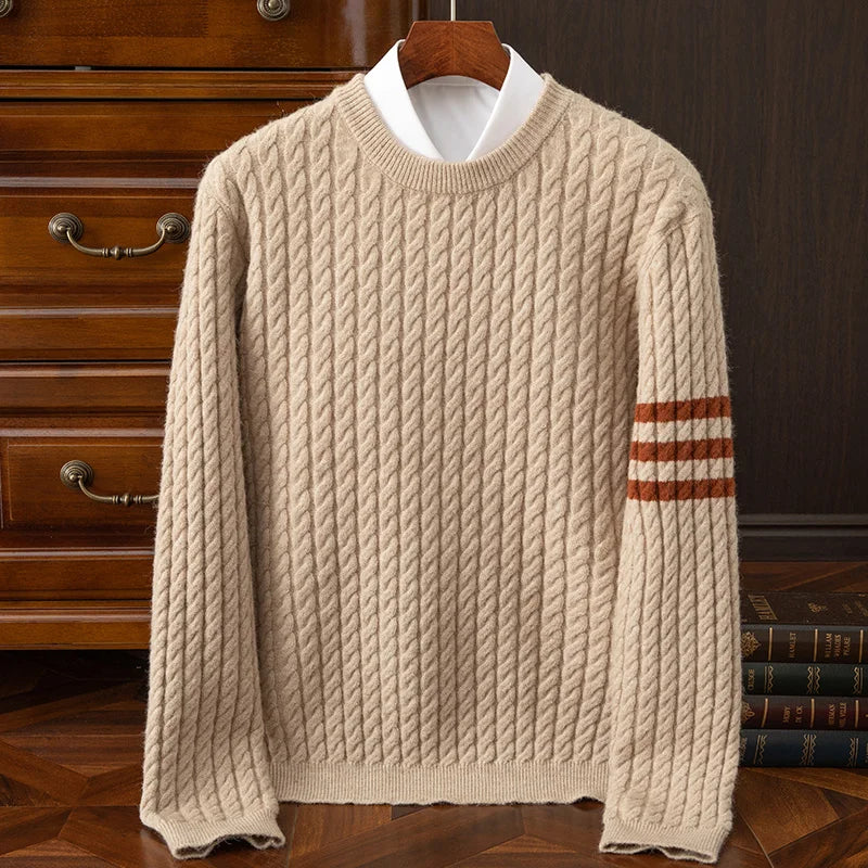 Men's Wool Blend Crew Neck Jumper – Tri-Stripe Twisted Knit
