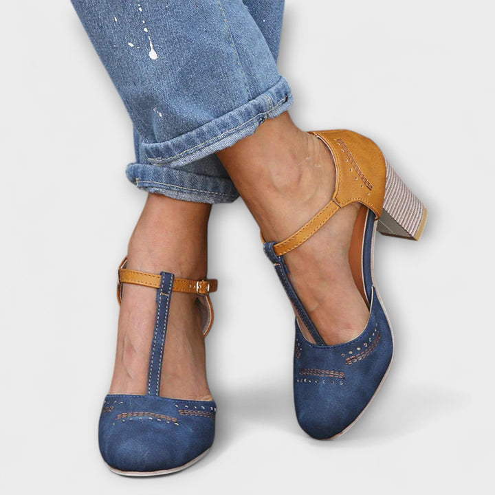 Women's Leather T-Strap Heels - Orthopedic Comfort