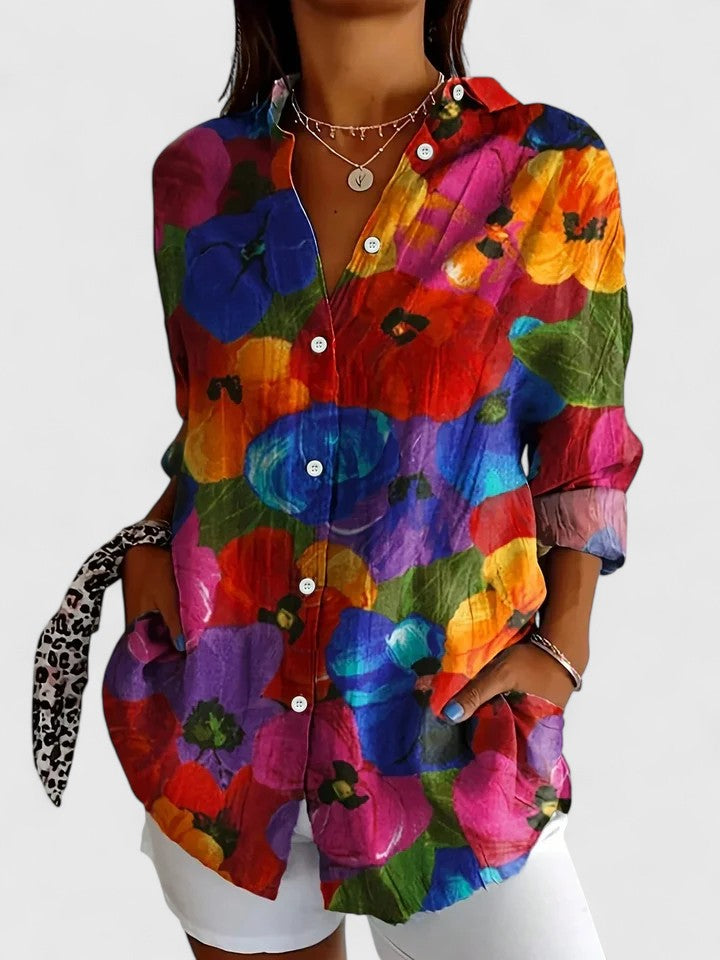 Women's Artistic Print Button-Up Blouse - Effortless Everyday