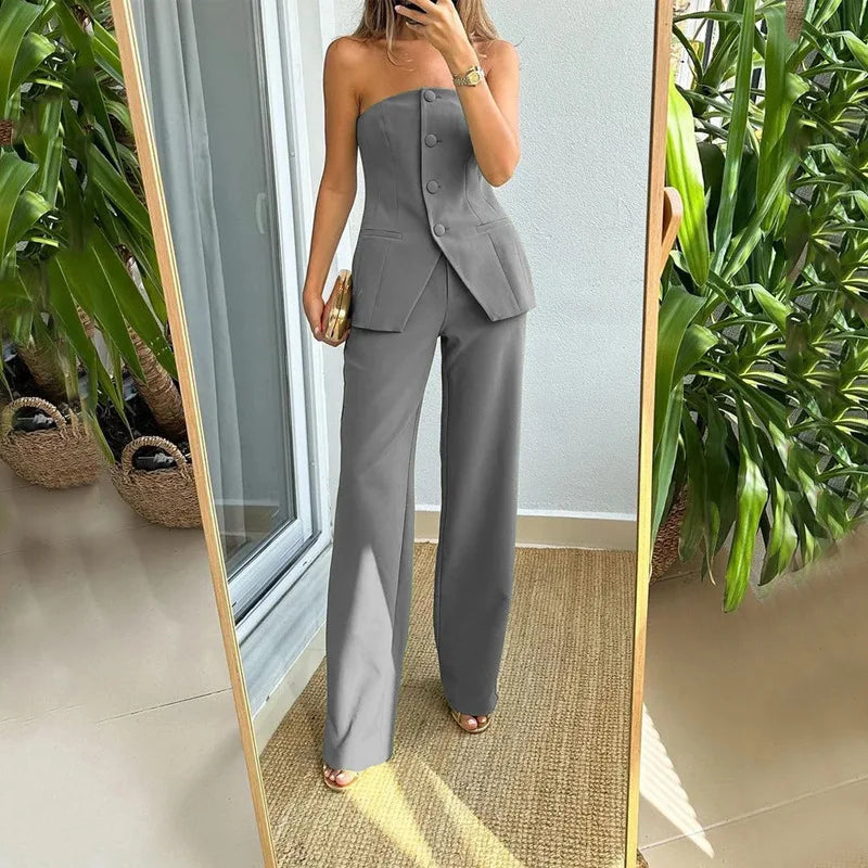 Women's Strapless Buttoned Two-Piece Set - Chic & Versatile