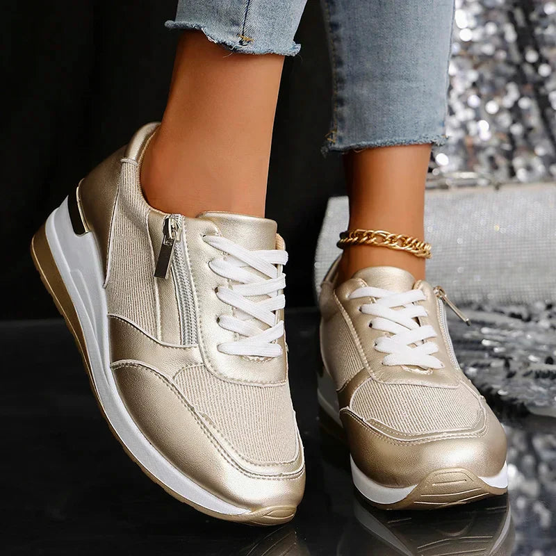 Women's Metallic Platform Sneakers - Sleek & Cushioned