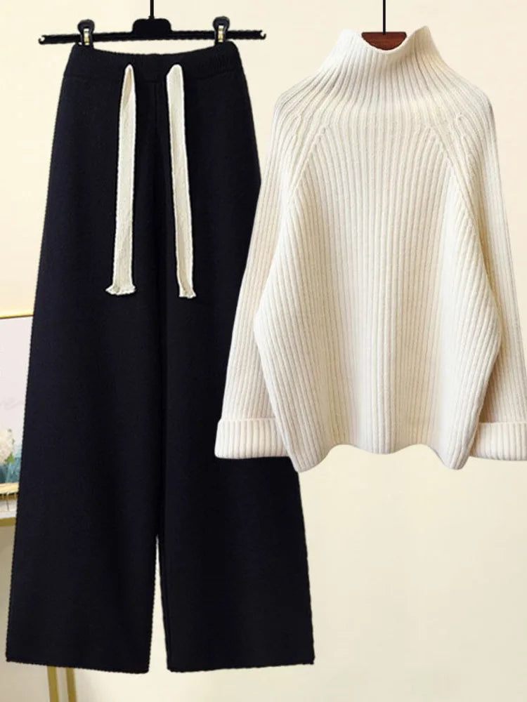 Women's Knit Two-Piece Set - Cozy Turtleneck & Wide-Leg Pants