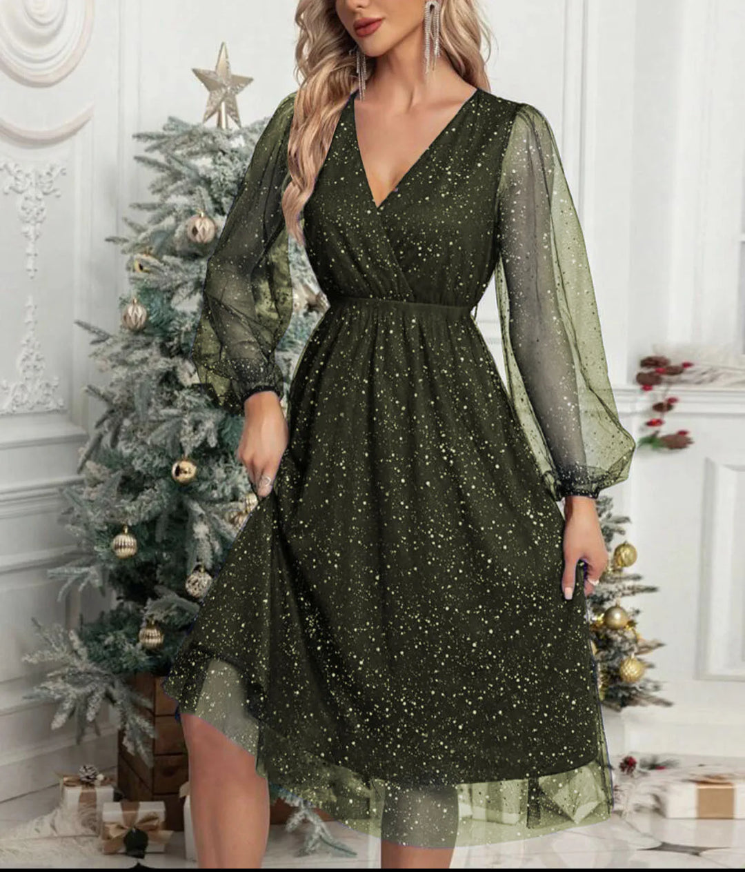Women's Mesh-Sleeve V-Neck Evening Dress - Festive Elegance