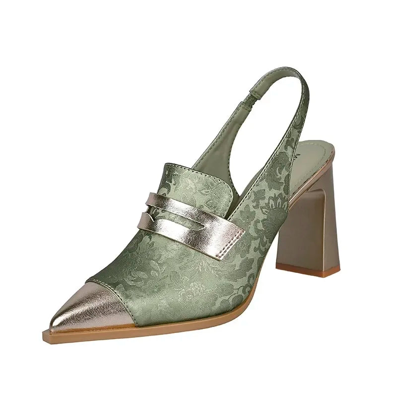 Women's Satin Marigold Accented Block Heels - Elegant Evening