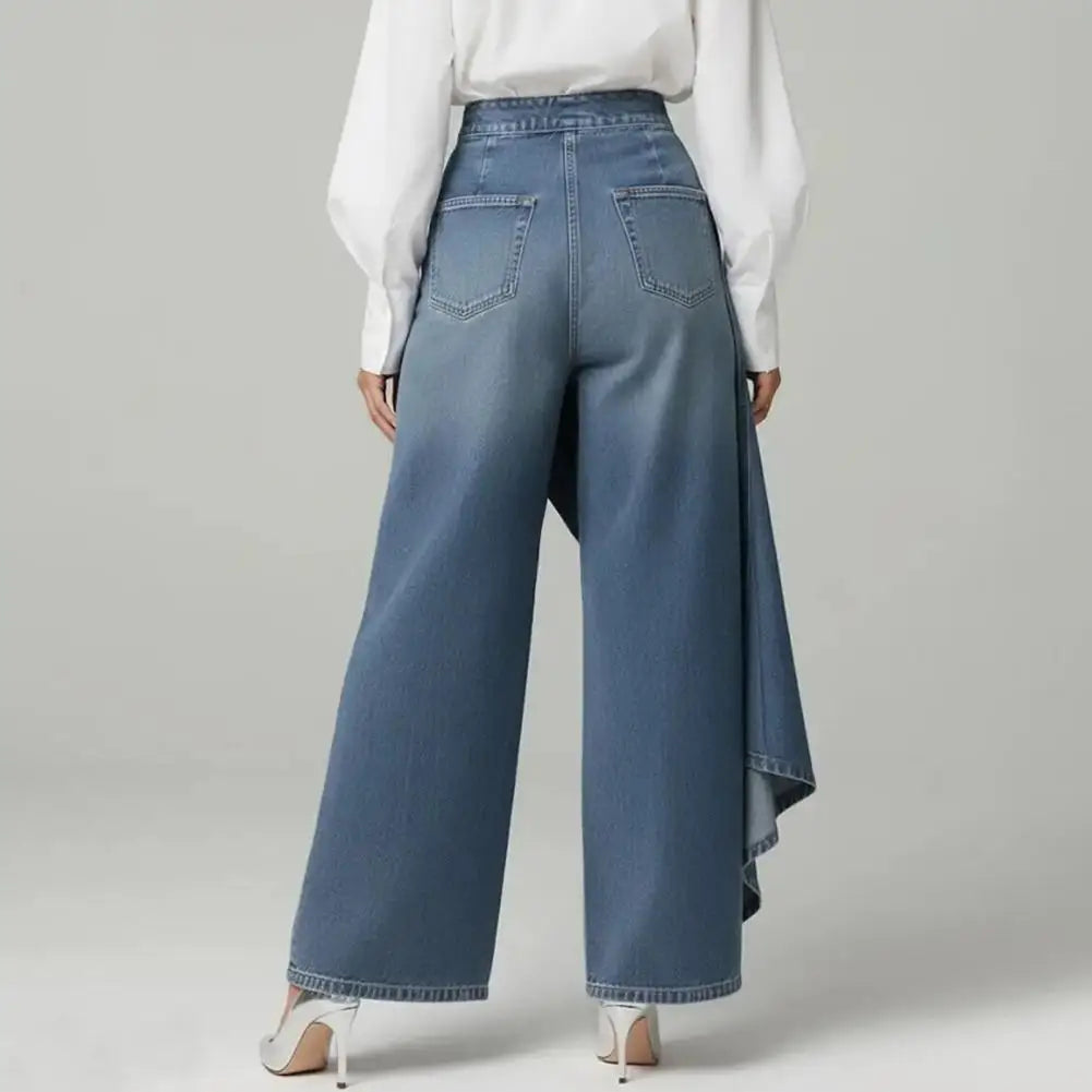 Women's High-Waisted Denim Jeans with Asymmetrical Ruffled Hem