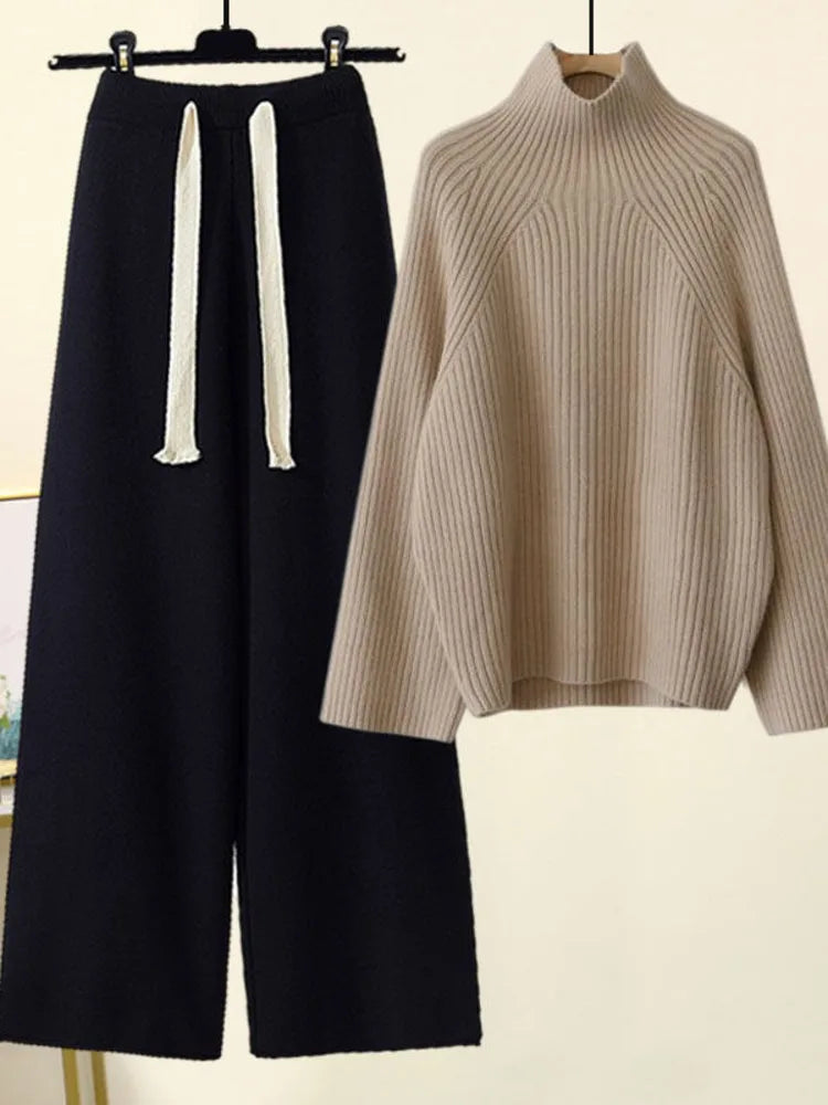 Women's Knit Two-Piece Set - Cozy Turtleneck & Wide-Leg Pants