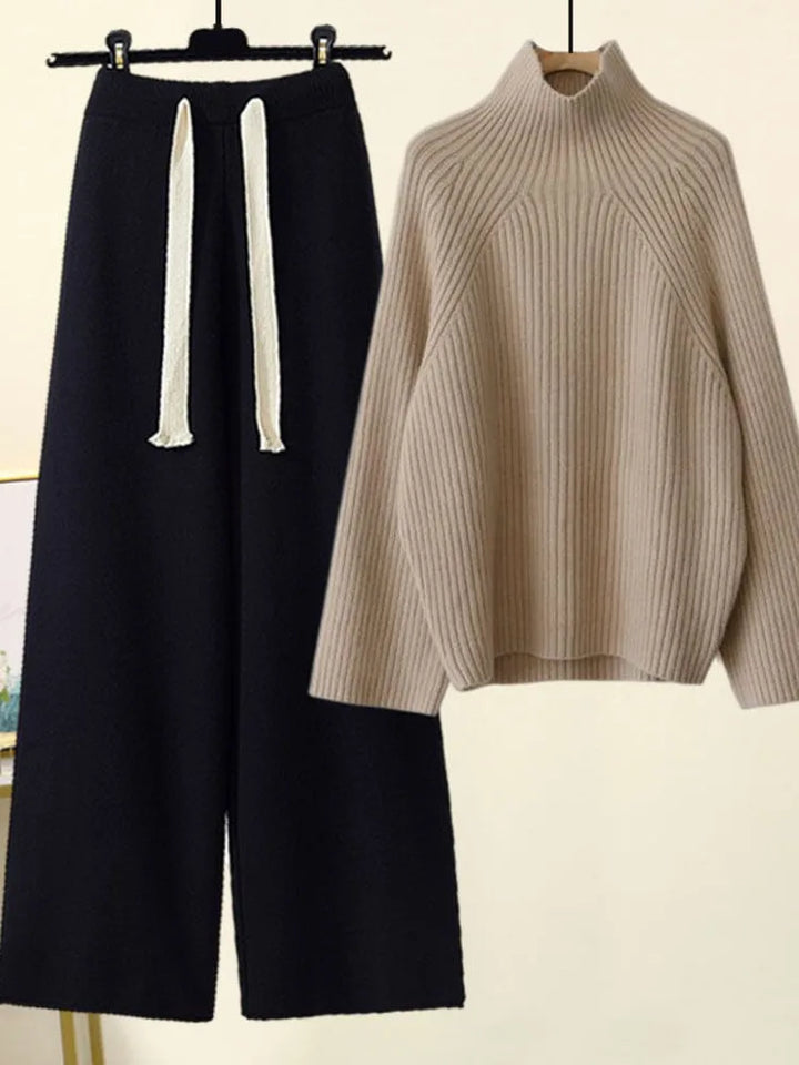 Women's Knit Two-Piece Set - Cozy Turtleneck & Wide-Leg Pants