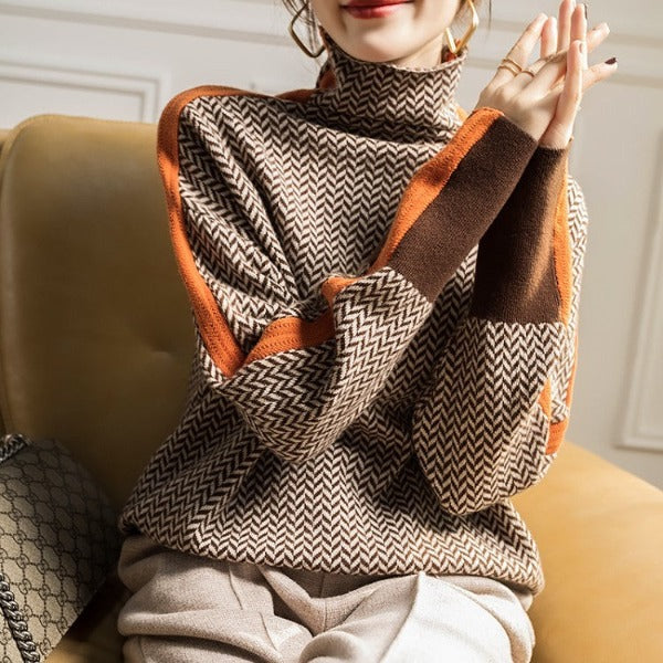 Women's Herringbone High-Neck Sweater - Bold Contrast Stripe