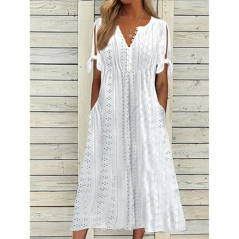 Women's Cotton Midi Dress with Draped Neckline - Effortless Elegance