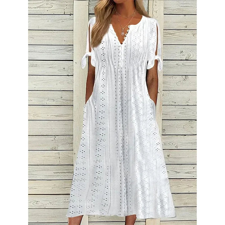 Women's Cotton Midi Dress with Draped Neckline - Effortless Elegance