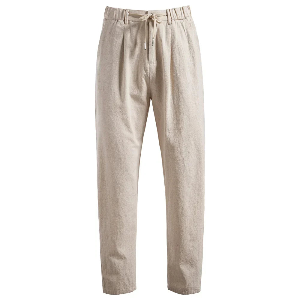 Men's Linen Blend Trousers – Relaxed Pleated Drawstring Fit