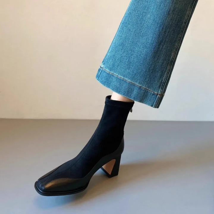 Women's Spliced Suede Boots - Structured Square Toe Block Heel