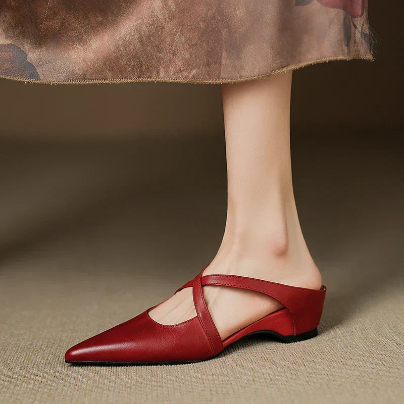 Women's Leather Cross-Strap Mules – Pointed Toe Low Heel