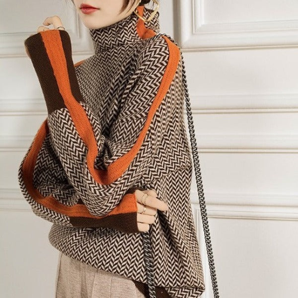 Women's Herringbone High-Neck Sweater - Bold Contrast Stripe