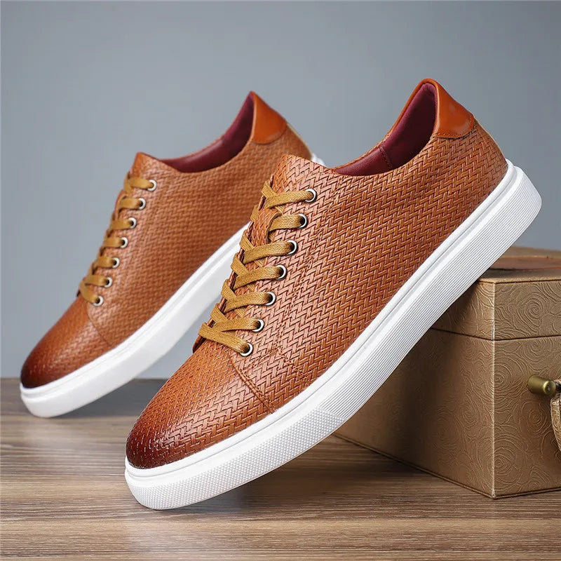 Men's Woven Leather Trainers – Low-Top Smart Casual Sneakers