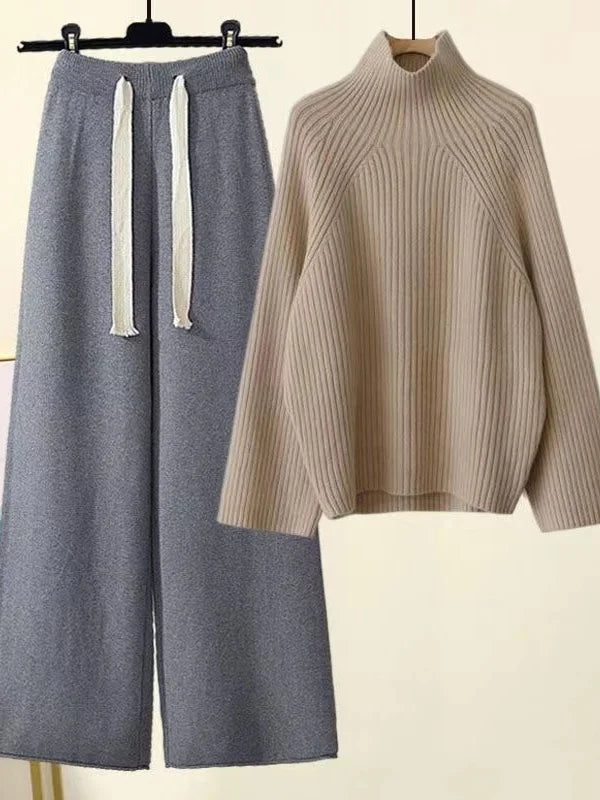 Women's Knit Two-Piece Set - Cozy Turtleneck & Wide-Leg Pants