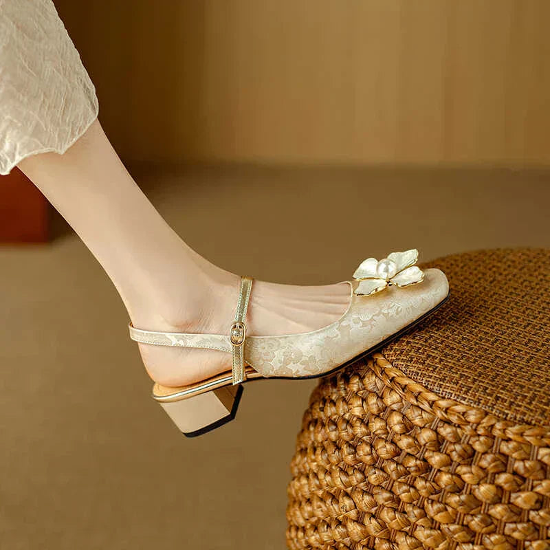 Women's Pearl-Embellished Floral Slingback Pumps - Day to Evening