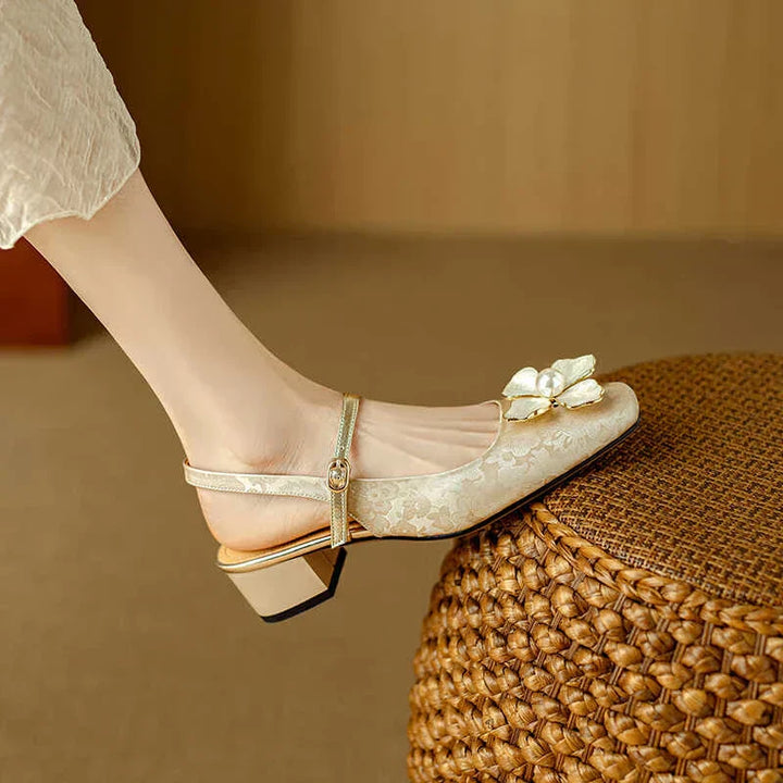 Women's Pearl-Embellished Floral Slingback Pumps - Day to Evening