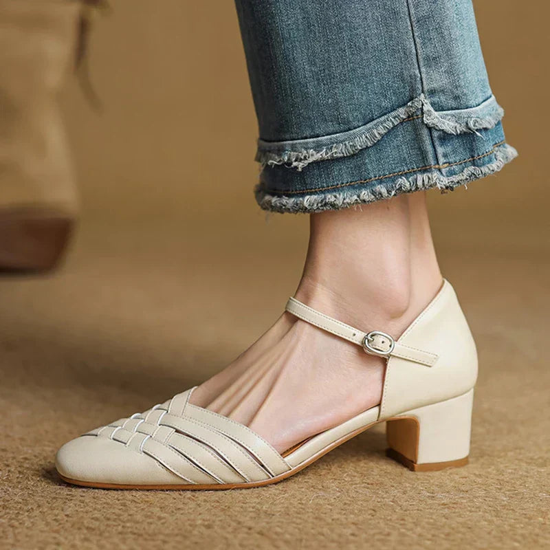Women's Leather Block Heel Shoes - Everyday Elegance