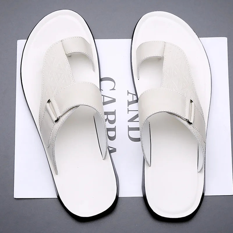 Men's Leather Sandals – Cushioned Toe-Loop Summer Slides