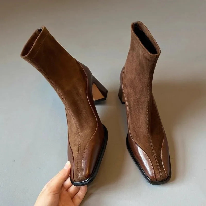 Women's Spliced Suede Boots - Structured Square Toe Block Heel
