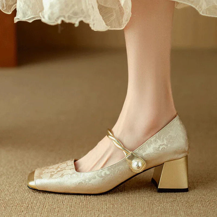 Women's Floral Embossed Square Toe Heels - Elegant Block Heel