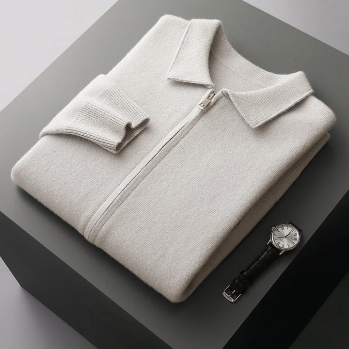 Men's Cashmere Zip Cardigan – Collared Knit with Pockets