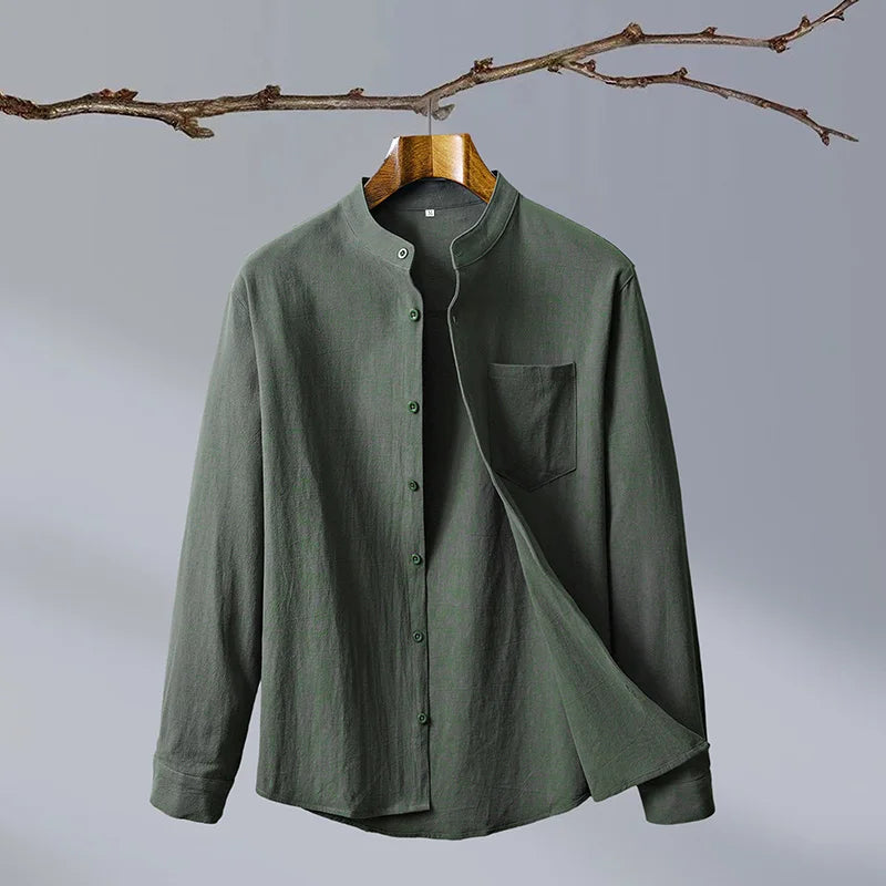 Men's Linen Blend Grandad Collar Shirt – Tailored Summer Fit