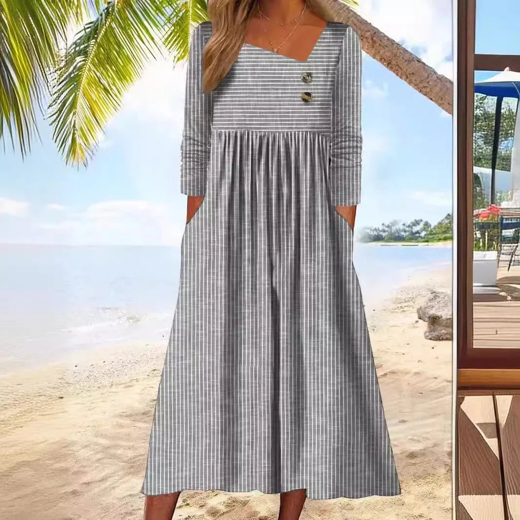 Women's Striped Cotton Midi Dress - Effortless Warm Weather Elegance